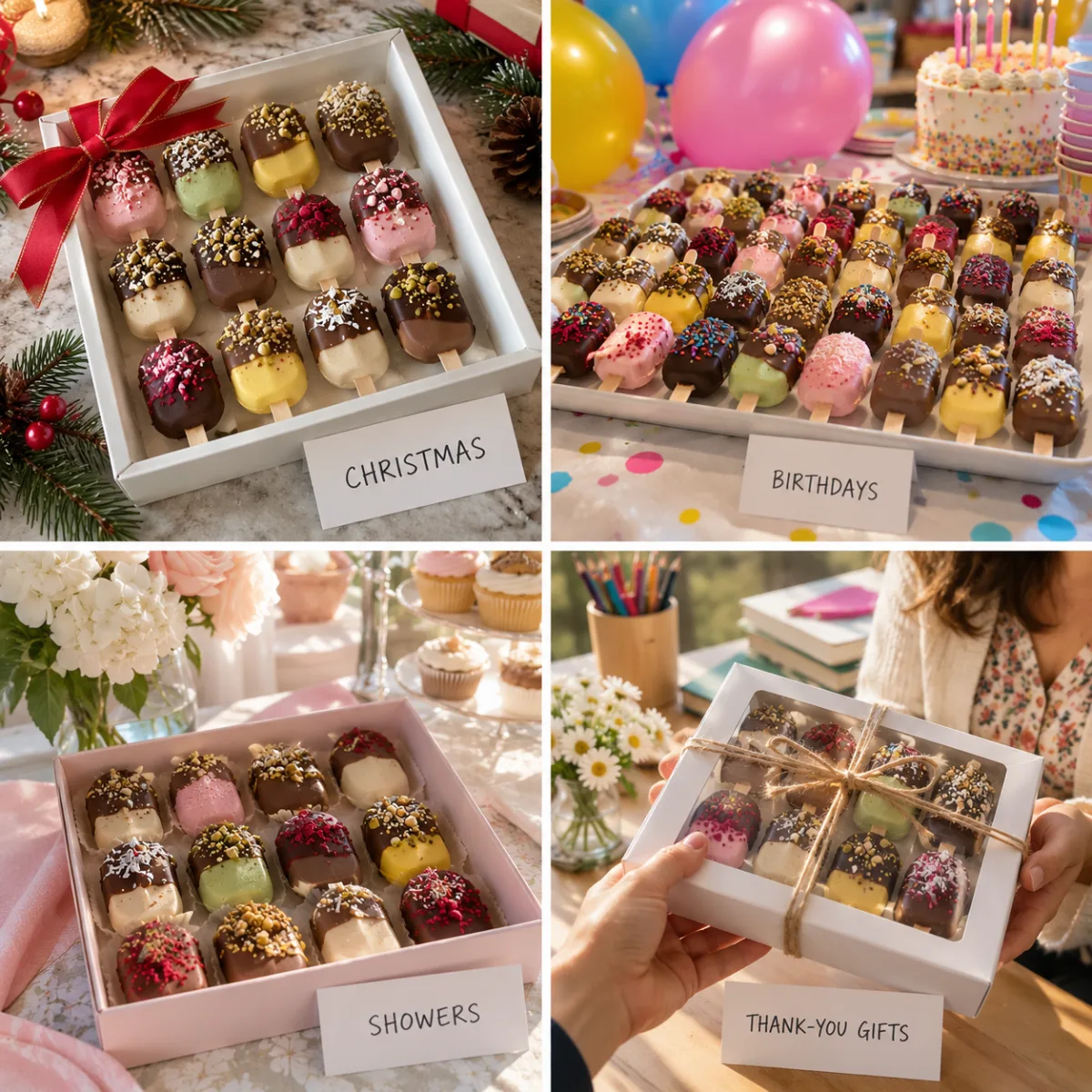 Gift boxes of chocolate-dipped gelato bites for Christmas, a birthday and a baby shower