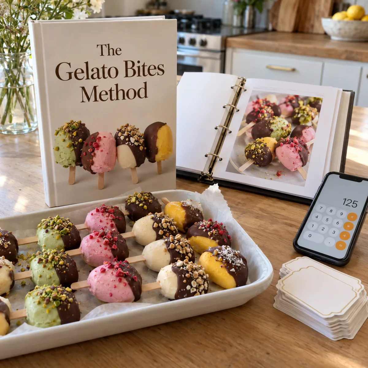 The Gelato Bites Method guide with trays of gelato bites and the pricing calculator