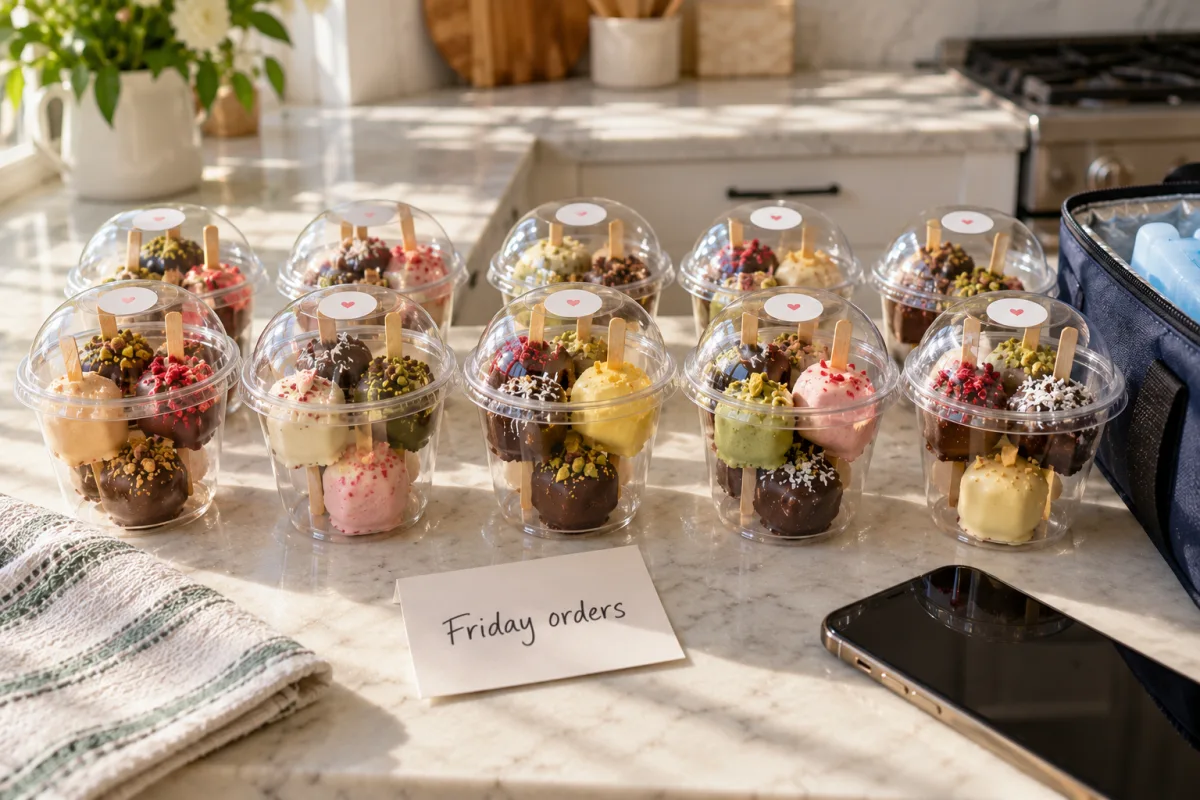 Cups of five colorful chocolate-dipped mini gelato bites lined up and ready to deliver